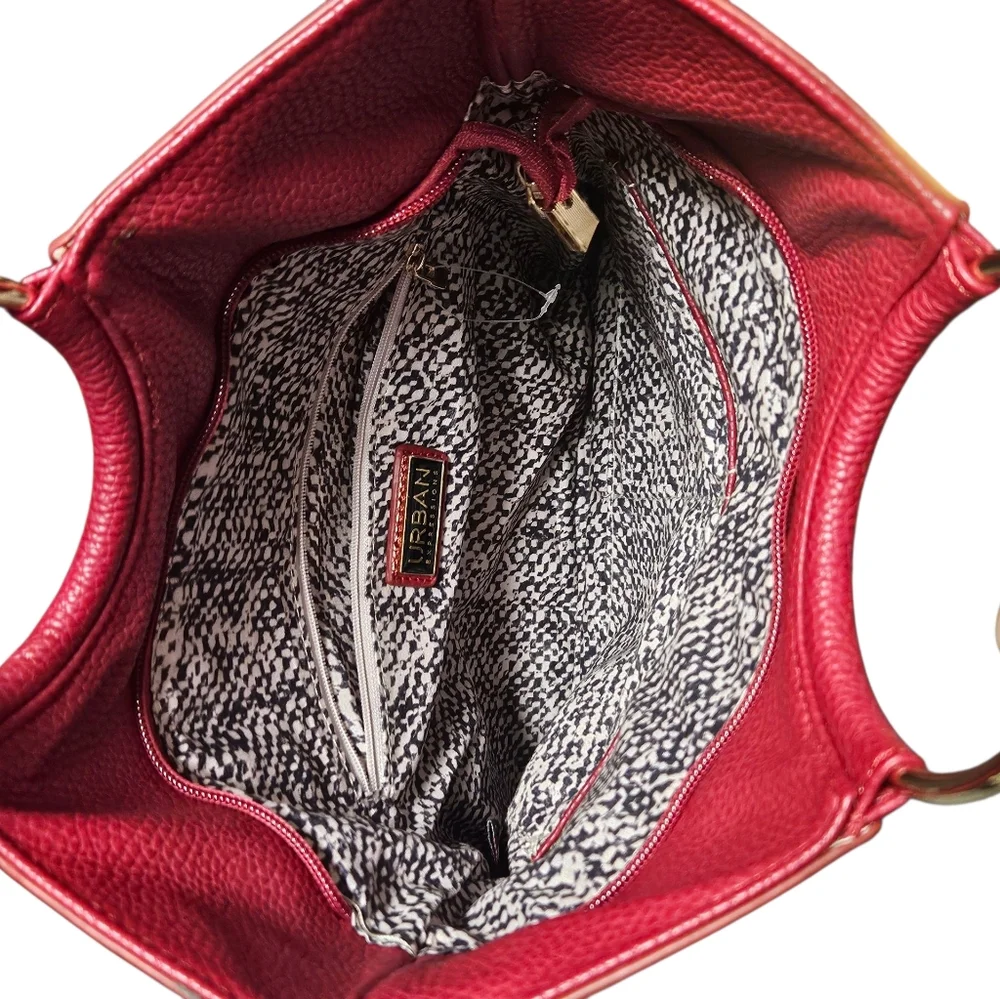 Urban Expressions Red Vegan Leather Handbag with Gold Ring Handles & Chain Strap